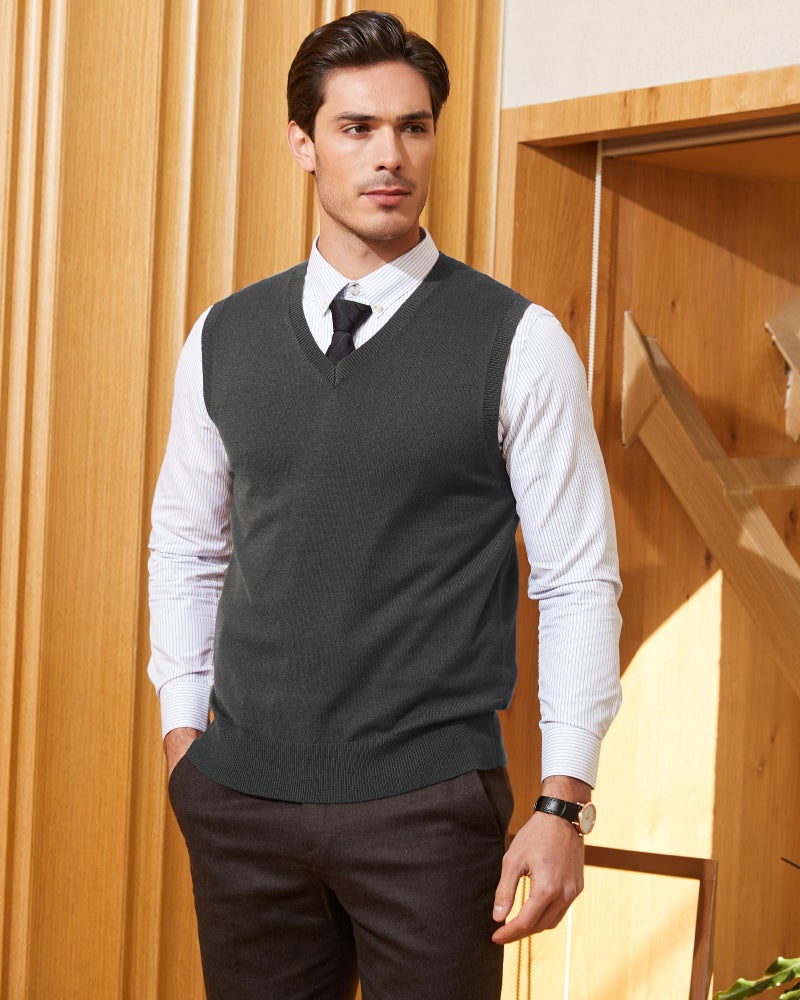 Kallspin Men's Wool Blended Vest Sweater Relaxed Fit V Neck Sleeveless Knitted Vest Pullover (Charcoal, X-Large) - Image 2